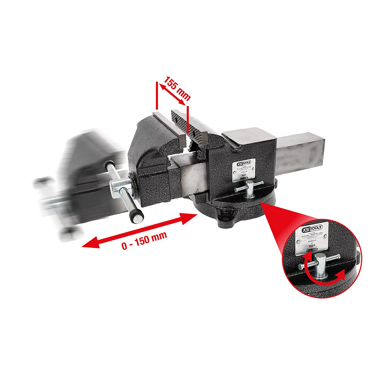 Schraubstock, schwarz, mit Größenangaben. Ein Detailbild zeigt die Funktion.